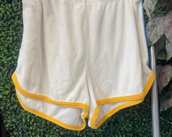 vtg TERRY CLOTH SHORTS 28 // 80s vintage fashion swimwear white breathable yellow bluebaggy small chill slim beachy coastal light summer 70s