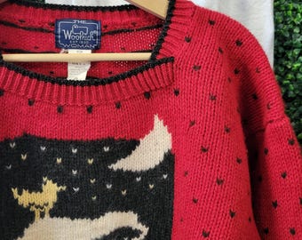 Vtg 90s CUTE WOOLRICH SHEEP Sweater Medium // Red and Black Wool