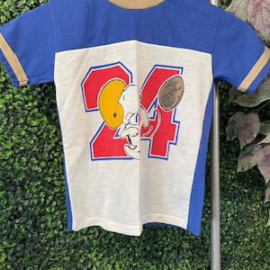 vtg 70s YOUTH SNOOPY TSHIRT // vintage kids baby fashion child tee cartoon peanuts Charlie Brown sports letterman ringer blue white beige