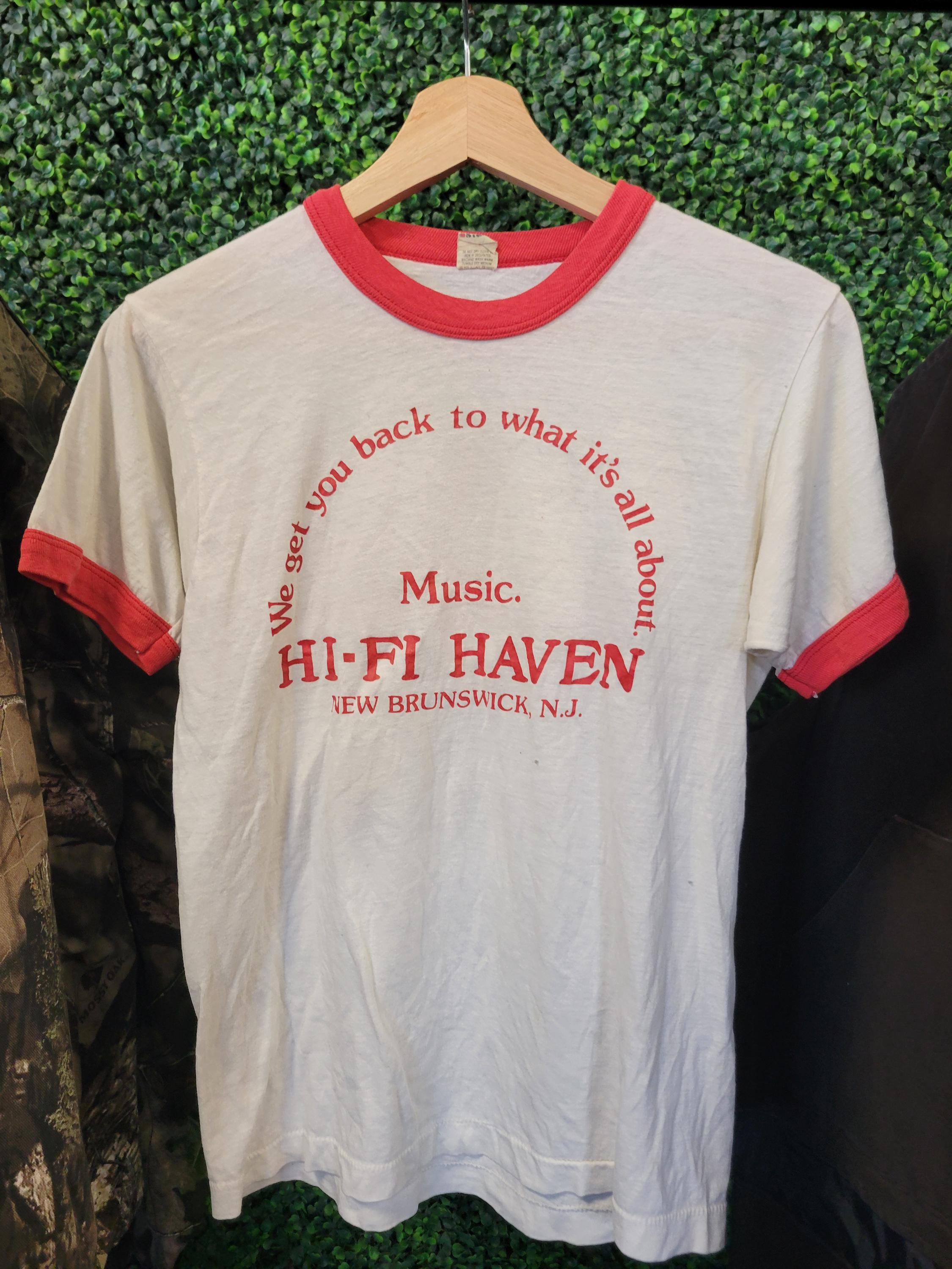 Vtg 80s HIFI HAVEN Tee Medium // White Cotton Ringer Music Record