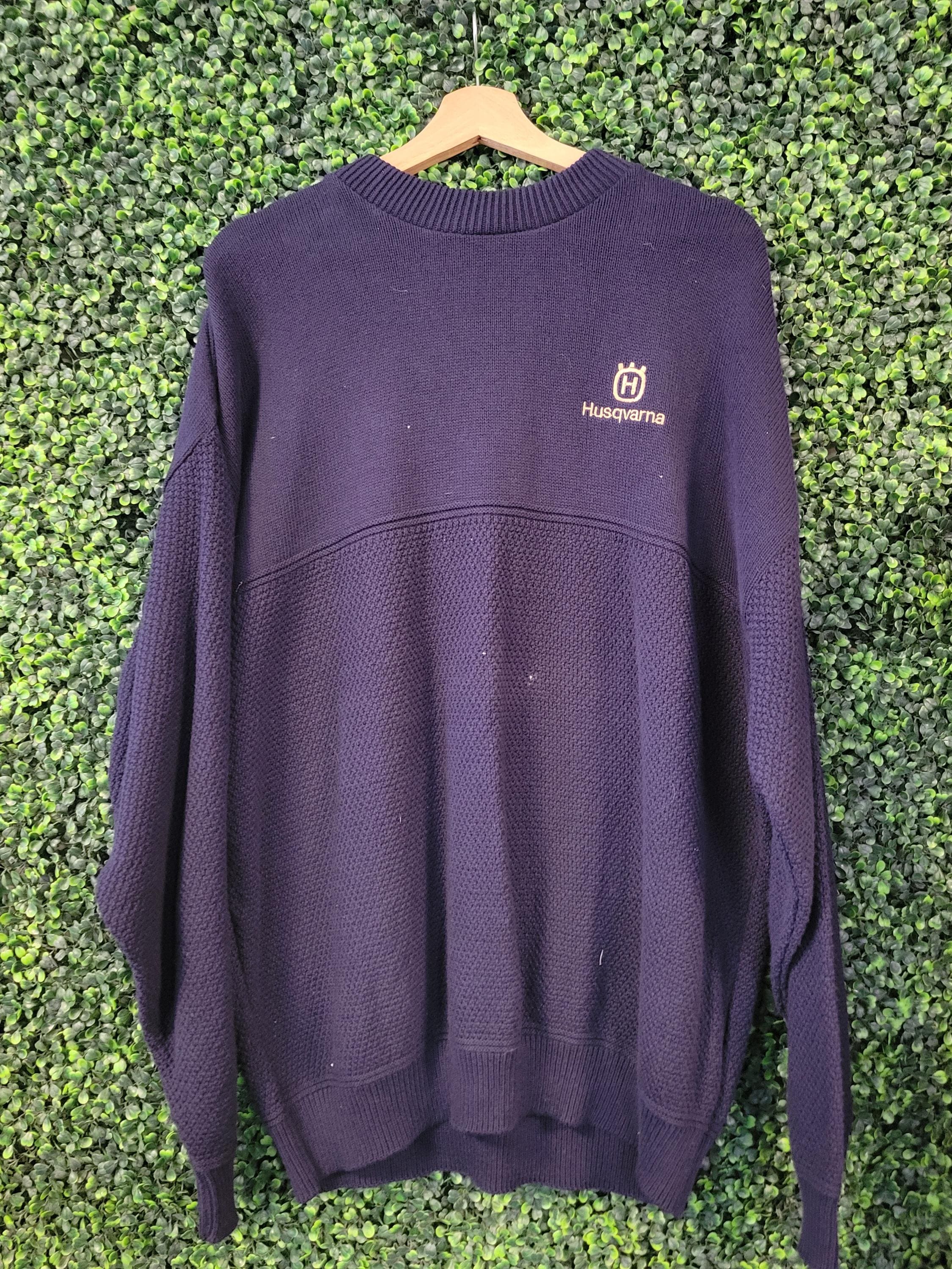 Vtg HUSQVARNA Lee Sweater Xl // Navy Blue Acrylic Multi-pattern