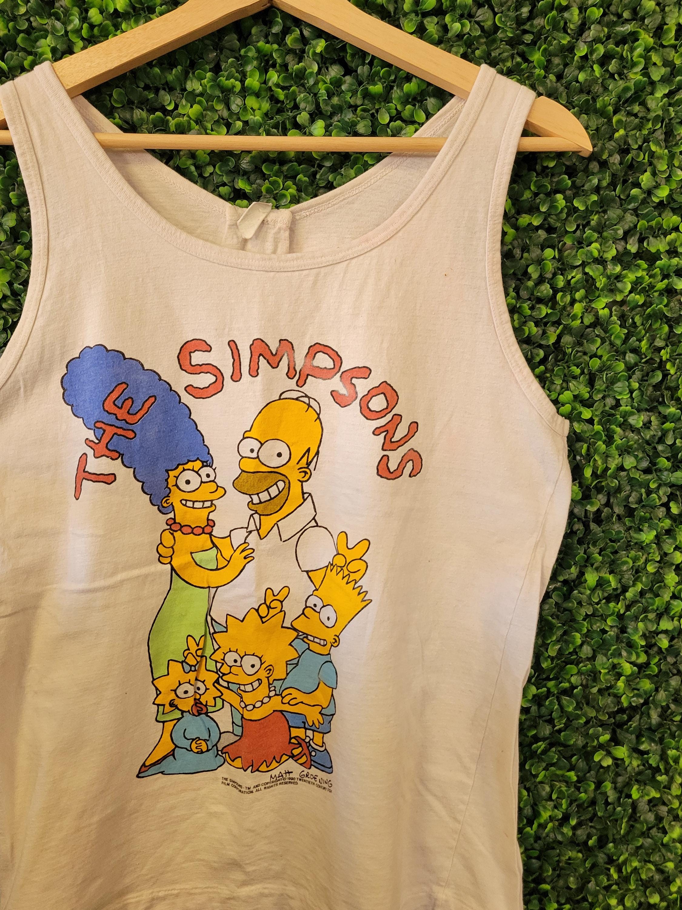 Vtg 90s THE SIMPSONS CARTOON Tank Top Small // White Faded 1990
