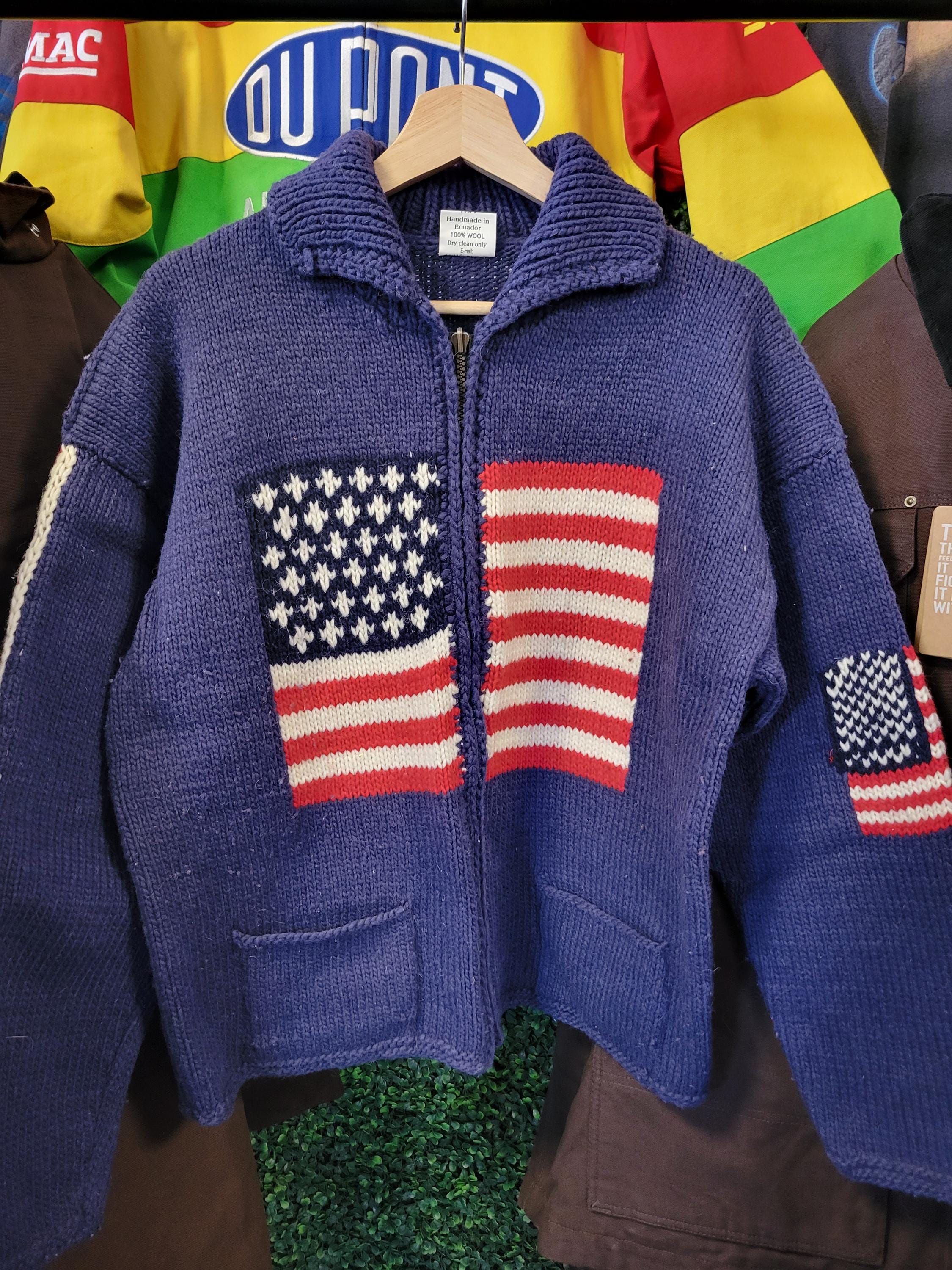 Vtg 90s AMERICAN Usa FLAG COWICHAN Sweater Medium // Navy Blue