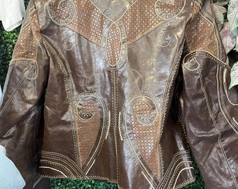 Y2K Leather Western Jacket Biker Style cropped embroidery pathwork punk metal chrome brown paisley zipper Pamela McCoy grunge death small