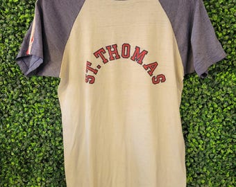 vtg ST THOMAS UNIVERSITY Tee Shirt // striped shoulder cotton white and navy single stitch retro college vintage merchandise vintage tshirt