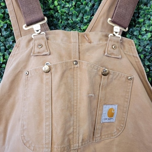 Mono CARHARTT DOBLE RODILLA vintage, 56 x 32 pulgadas, algodón, desgastado, para trabajo, con parche de mezclilla, color canela, para granjero, primavera, utilitario, ajustable, con botones, para EE. UU.