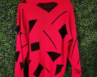 vtg ABSTRAKT Rot SCHWARZ Grobstrick Pullover L // Acryl Retro abstraktes Muster gemütlich Herbst Herbst Retro 80er 90er Vintage Disko Punk New Wave
