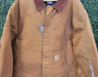 Jaqueta vintage Carhartt J0002, modelo Y2K, nunca usada // Casaco de lona marrom-claro, acolchoado, com mangas isoladas, estilo utilitário/fazendeiro.