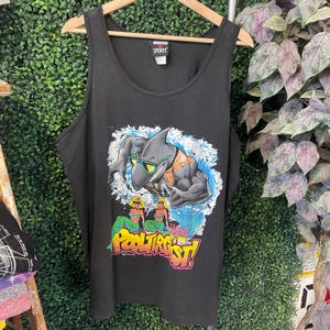 vtg CARTOON SHARK BEACH tank top // 90s vintage fashion beach summer coastal black  single extra large summer chill tee surf mermaid