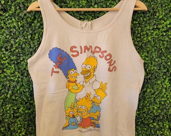 vtg 90s THE SIMPSONS TANK Top Small // weiße Baumwolle verblasster Siebdruck schmale Passform 1990 matt stöhnend retro rare vintage kariert