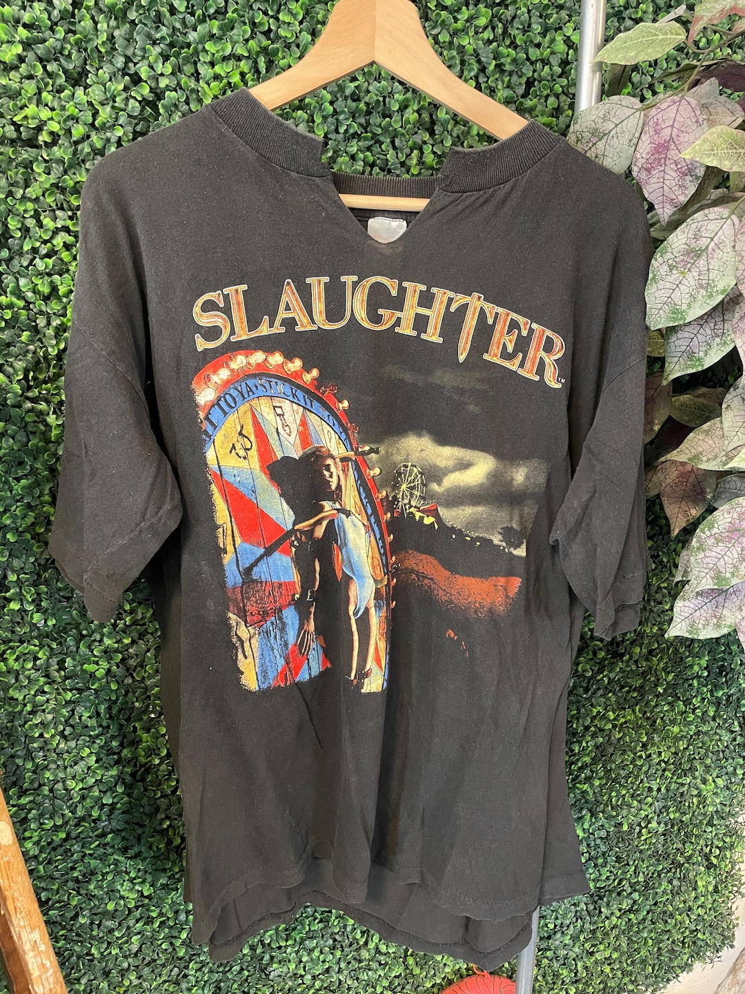 Vtg 90s SLAUGHTER ALBUM BAND Tee L // Rock Concert Chopped