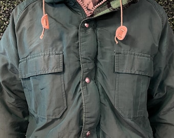 vtg 90s L.L. BEAN FLANNEL WOOL Lined Jacket Large // green cotton nylon blend utility pockets plaid wool lining tie hood retro vintage coat