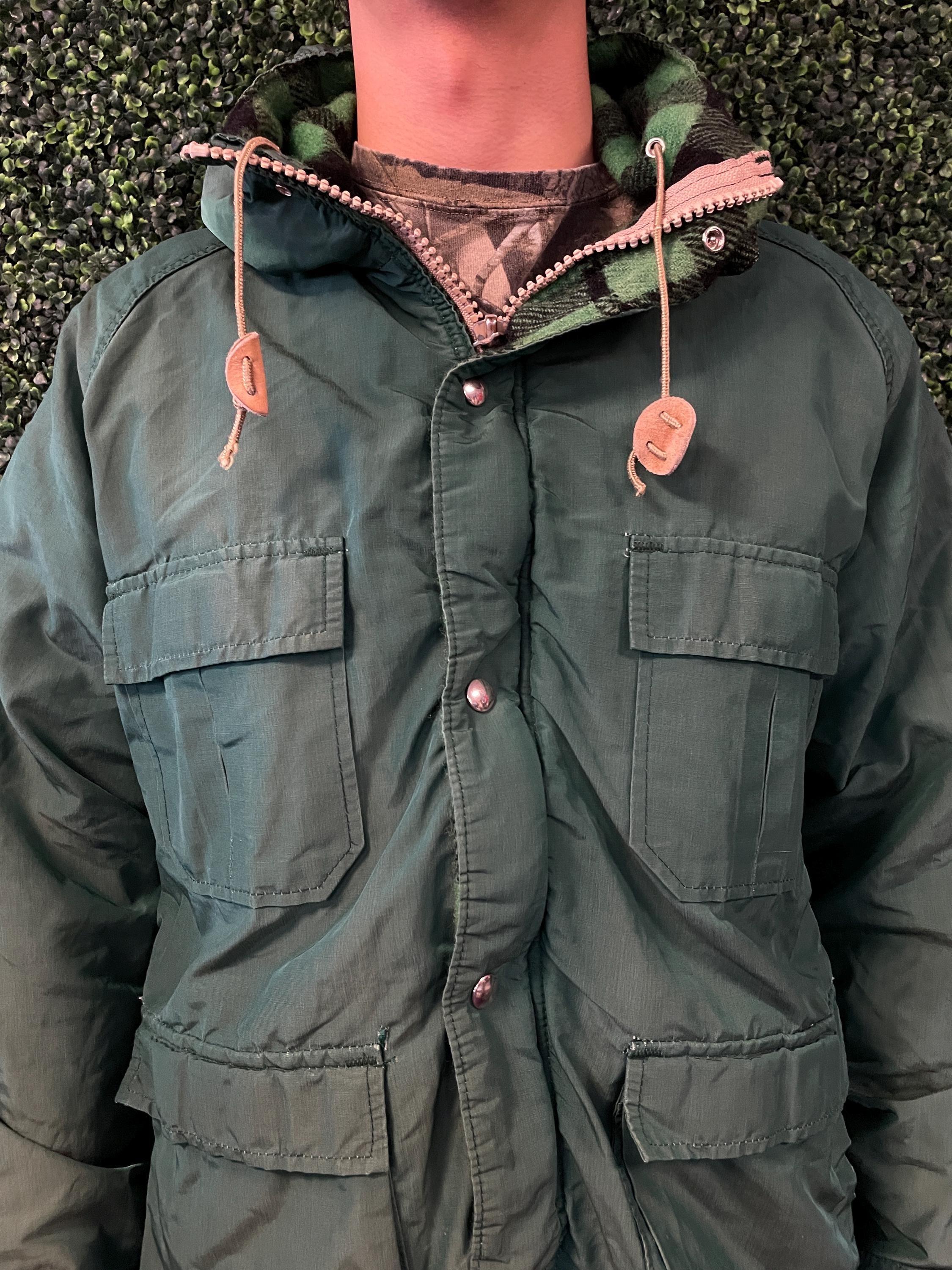 Vtg 90s L.L. BEAN FLANNEL WOOL Lined Jacket Large // Green Cotton 