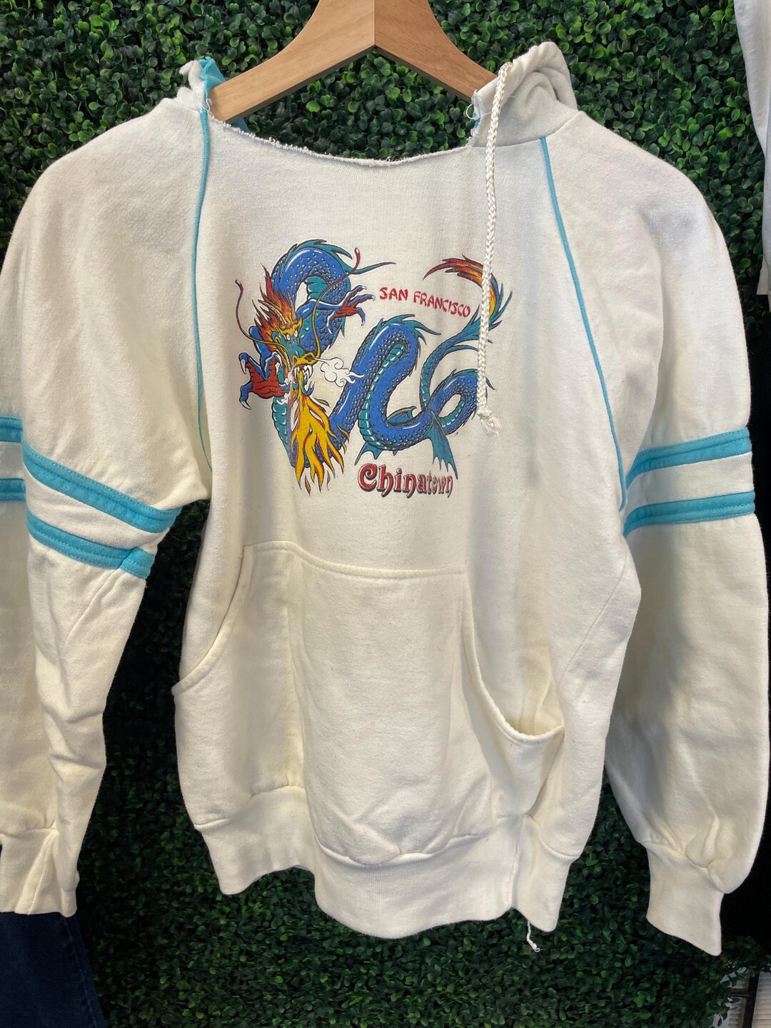 Vtg 80s SAN FRANCISCO CHINATOWN Hoodie Small // White Blue Cotton