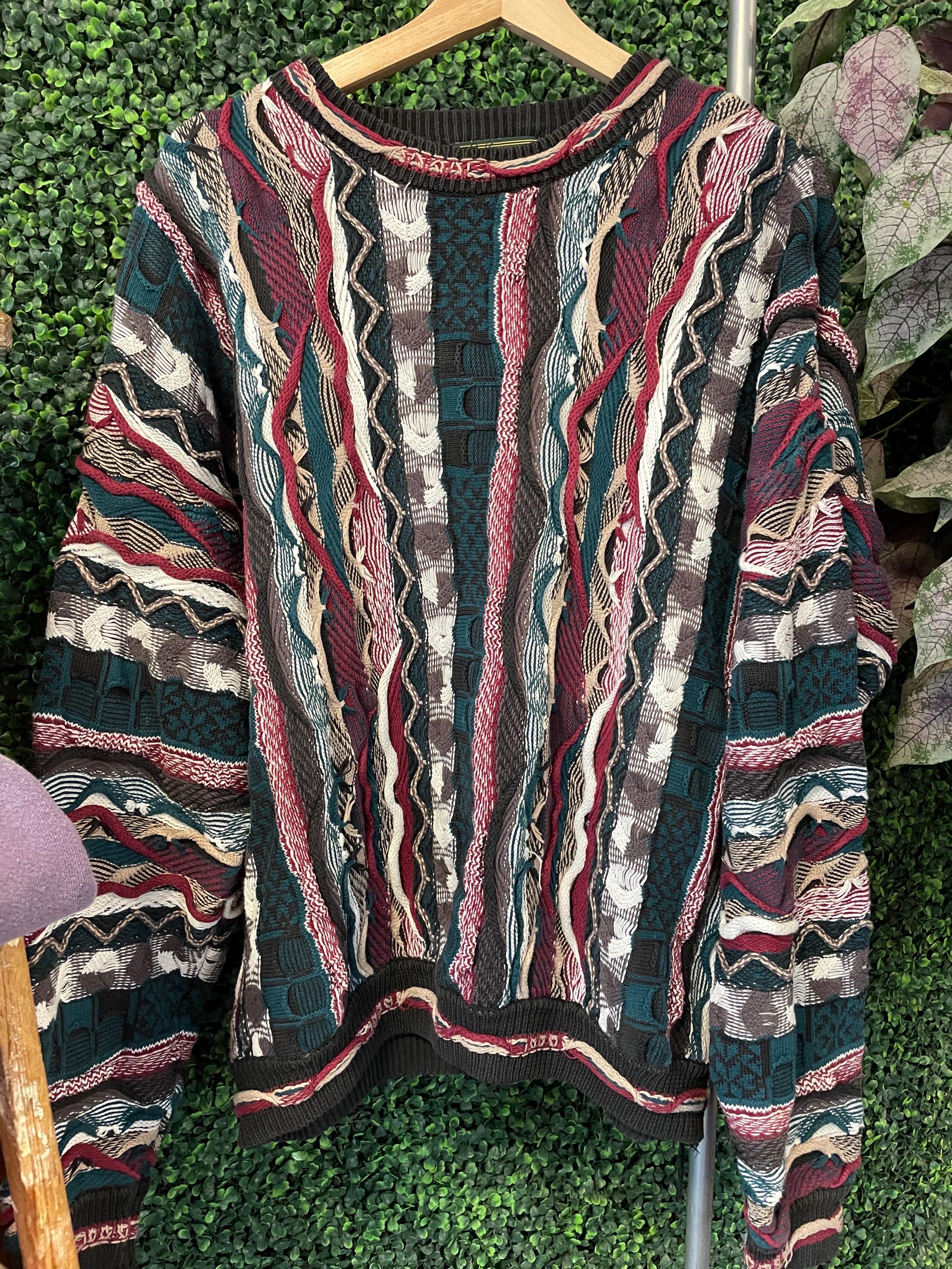 Vtg 3D CHUNKY COOGI Style Knit Striped Sweater L // Vintage Maroon 
