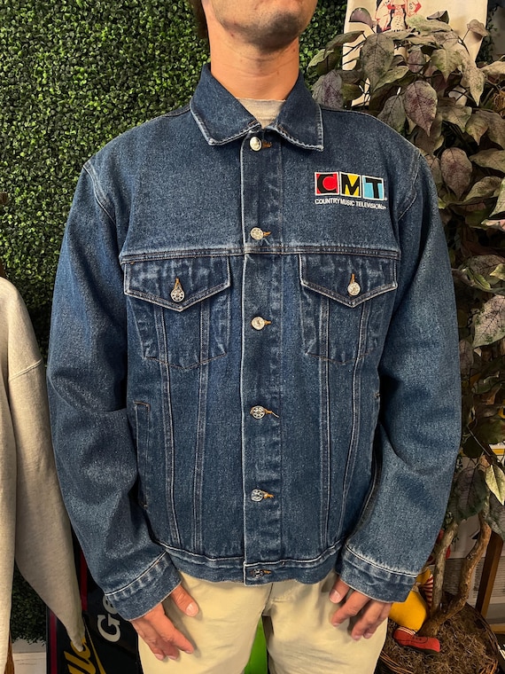 vtg 90s COUNTRY MUSIC TELEVISION Denim Jacket Large // vintage biker farmer work wear nashville music party tour cmt concert cowboy rare tux