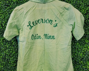 vtg 70s CHAIN STITCHED BOWLING Shirt medium//mintgroen katoenen king Louie casual voorzakken vintage button-up rockabilly geborduurd