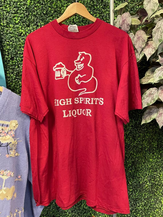 vtg 90s HIGH SPIRITS GHOST Tshirt // vintage fashion Tshirt liquor spirits red bike athletic large glitter silly beer graphic baggy style