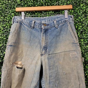 vtg 70s OSHKOSH PATCHWORK EMBROIDERED Jeans 32 // blue denim medium light wash natural fading retro distressed baggy work wear vintage pants
