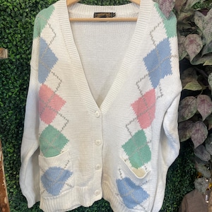 vtg 80s EDDIE BAUER KNIT Cardigan // 90s fuzzy cozy warm thick sweat fall colorful funky knit wear grandma classic wool winter argyle atomic