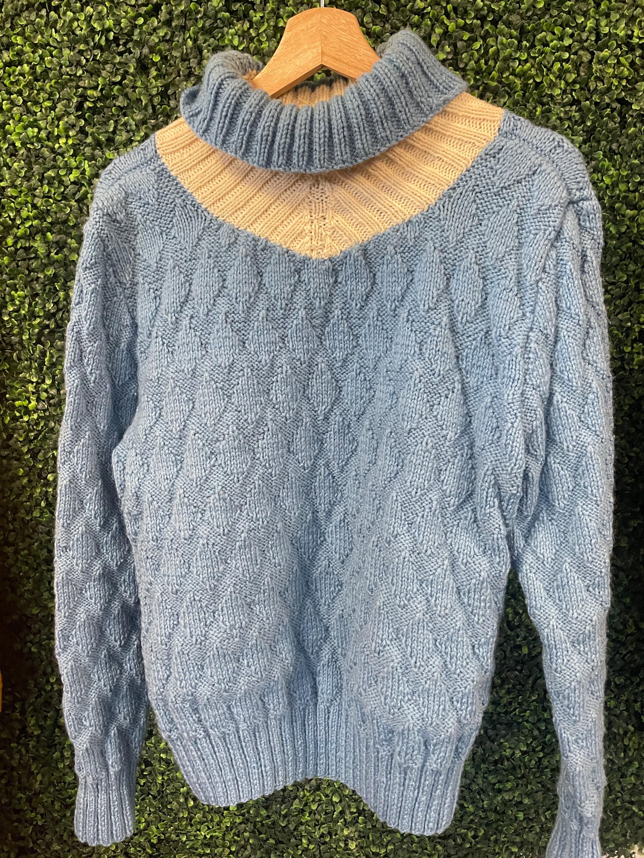 トップス 80s STONE  TURTLENECK KNIT SWEATER Vtg 80s BLUE TURTLENECK DIAMOND Knit Sweater Large // Vintage Cute