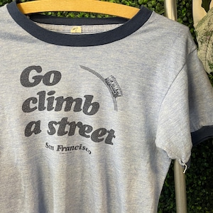 vtg 80s YOUTH SAN FRANCISCO Ringer Shirt // tourist destination cute tee vibe vintage fashion go climb a street blue California love trolly