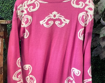 Suéter vintage de los 90 de JOYCE, acrílico y nailon, talla grande // Jersey vintage rosa y blanco, estilo abuela, abstracto, EE. UU., casual, elegante, cómodo, preppy