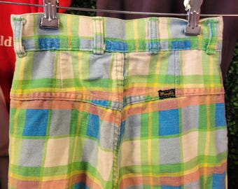 vtg 70s WRANGLER PLAID PLEATED Pants size 23 // rainbow checkered straight leg disco nardwuar vintage pants western boho hippie rockabilly