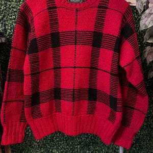vtg 90s POLO COUNTRY KNIT Sweater // 80s fuzzy cozy warm thick sweat fall colorful plaid grunge cardigan classic wool winter Ralph Lauren