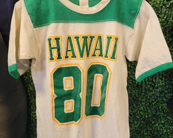 vtg 80s HAWAII FOOTBALL JERSEY Tee Small // White green cotton athleticwear athletic vacation tourist ringer retro vintage t-shirt numbered