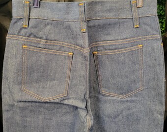 Pantalones vaqueros de mezclilla acampanados de pierna ancha estilo años 70, talla 32 // mezclilla azul, lavado medio oscuro, corte holgado, ligeros, estilo retro vintage, informales, para el trabajo.