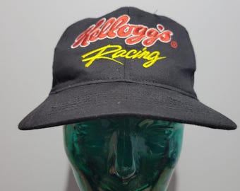 vtg 90s NASCAR KELLOGS RACING Snapback Hat // vintage black red embroidered kellogs brand Tony the tiger stock car multicolor patches