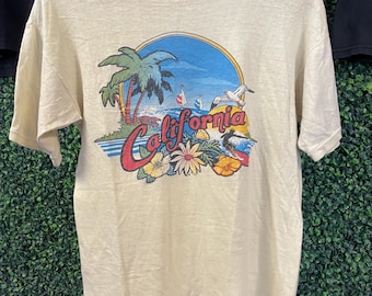 vtg 90s CALIFORNIA OCEAN BEACH Tee Small // vintage beige t-shirt tropical surf crush hibiscus palm trees sailboat island retro west coast
