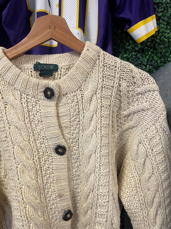 Vtg 90s JCREW CABLEKNIT FISHERMAN Cardigan Sweater Large // 80s