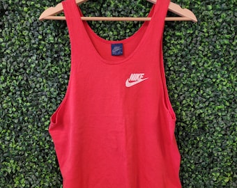 vtg NIKE GYM TANK Top 80s Large // Red cotton sleeveless soft athletic work out muscles wear slim regular fit retro authentic vintage shirt