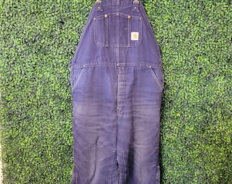vtg 90s NAVY CARHARTT WORKWEAR Overalls // vintage adjustable button button distressed utility farmer fall winter spring double knee
