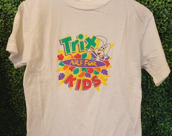 vtg 90s TRIX CEREAL BRAND Tee Youth Large Adult xs // white cotton rabbit trix are for kids colorful rainbow promotional cartoons vintage