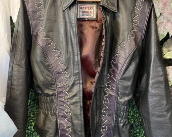 vtg 90s PURPLE LEATHER WESTERN World By Shaf Jacket Large // vintage fashion authentic biker style baggy detail sequined large cool black