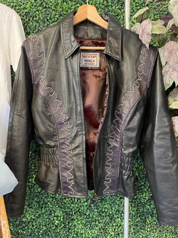 ジャケット・アウター Western leather jacket Vtg 90s PURPLE LEATHER WESTERN World by Shaf Jacket Large