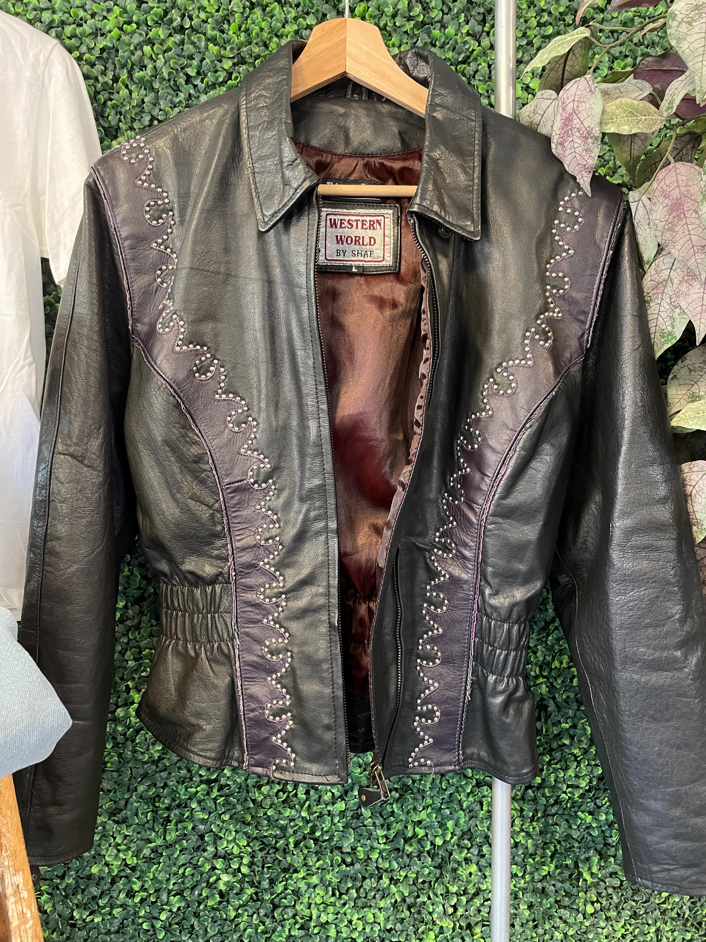 Vtg 90s PURPLE LEATHER WESTERN World by Shaf Jacket Large