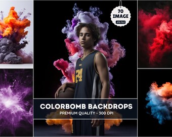 May include: A composite image featuring a young person in a basketball jersey, surrounded by colorful, abstract smoke effects. The image includes the text "COLORBOMB BACKDROPS" and "PREMIUM QUALITY - 300 DPI". A tag reads "70 IMAGE JPG FILE".