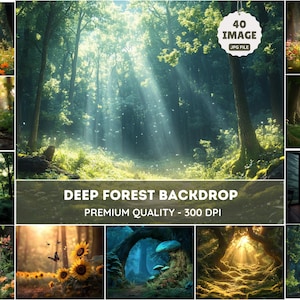 Può includere: Un collage di arte digitale con varie scene di foresta con la luce del sole che filtra attraverso gli alberi. Le immagini includono sentieri, fiori e una scena di camera da letto. È visibile anche il testo "DEEP FOREST BACKDROP" e "PREMIUM QUALITY - 300 DPI".