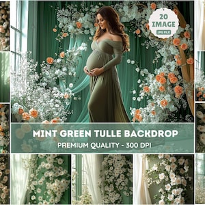 Op de afbeelding: Een mintgroene tule achtergrond met bloemstukken van witte en perzikbloemen. De afbeelding bevat een zwangere persoon in een groene jurk. Tekst op de afbeelding luidt "MINT GREEN TULLE BACKDROP" en "PREMIUM QUALITY - 300 DPI".