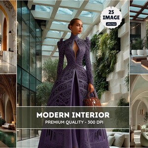 May include: A collage of interior design images. The central image features a woman in a purple dress. The dress has a unique openwork design. The collage includes images of modern interior spaces with seating areas and architectural details.