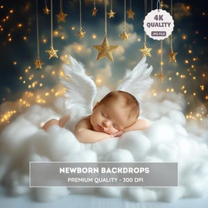 Newborn Digital Backdrop | Soft Angel Wings & Baby’s Breath Floral, Pure White Photography Background