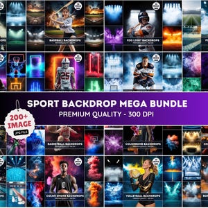 May include: A collection of sports-themed backdrops, including tennis, baseball, football, basketball, and boxing. The image features a variety of action shots and dynamic backgrounds, with text that reads "Sport Backdrop Mega Bundle" and "200+ Image JPG File."