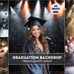 Könnte beinhalten: Eine lächelnde Person in einem Abschlusskleid und einer Kappe, mit einem Hintergrund aus fallendem Konfetti und Mortarboards. Das Bild enthält den Text "GRADUATION BACKDROP" und "PREMIUM QUALITY - 300 DPI". Eine kleine Grafik zeigt "40 IMAGE JPG FILE".