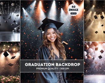 May include: A person in a graduation gown and cap smiles against a backdrop of falling confetti and mortarboards. The image includes the text "GRADUATION BACKDROP" and "PREMIUM QUALITY - 300 DPI". A small graphic indicates "40 IMAGE JPG FILE".
