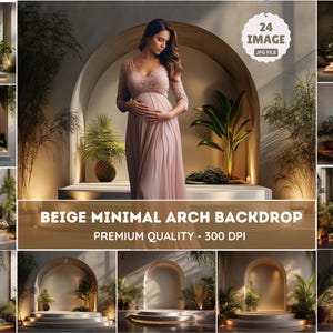 Może przedstawiać: Kolekcja beżowych, minimalistycznych teł z łukami z kobietą w różowej sukience. Obrazy przedstawiają łuki, schody i rośliny. Tekst na zdjęciu brzmi "24 IMAGE JPG FILE" i "BEIGE MINIMAL ARCH BACKDROP PREMIUM QUALITY - 300 DPI".
