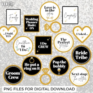 Puede incluir: Una colección de accesorios para fotomatón con temática de boda en varias formas, incluyendo corazones, círculos y cuadrados. Los accesorios presentan frases como "Finally", "I Do Crew" y "Bride Tribe" en negro y dorado. Las palabras "PNG FILES FOR DIGITAL DOWNLOAD" están en la parte inferior.